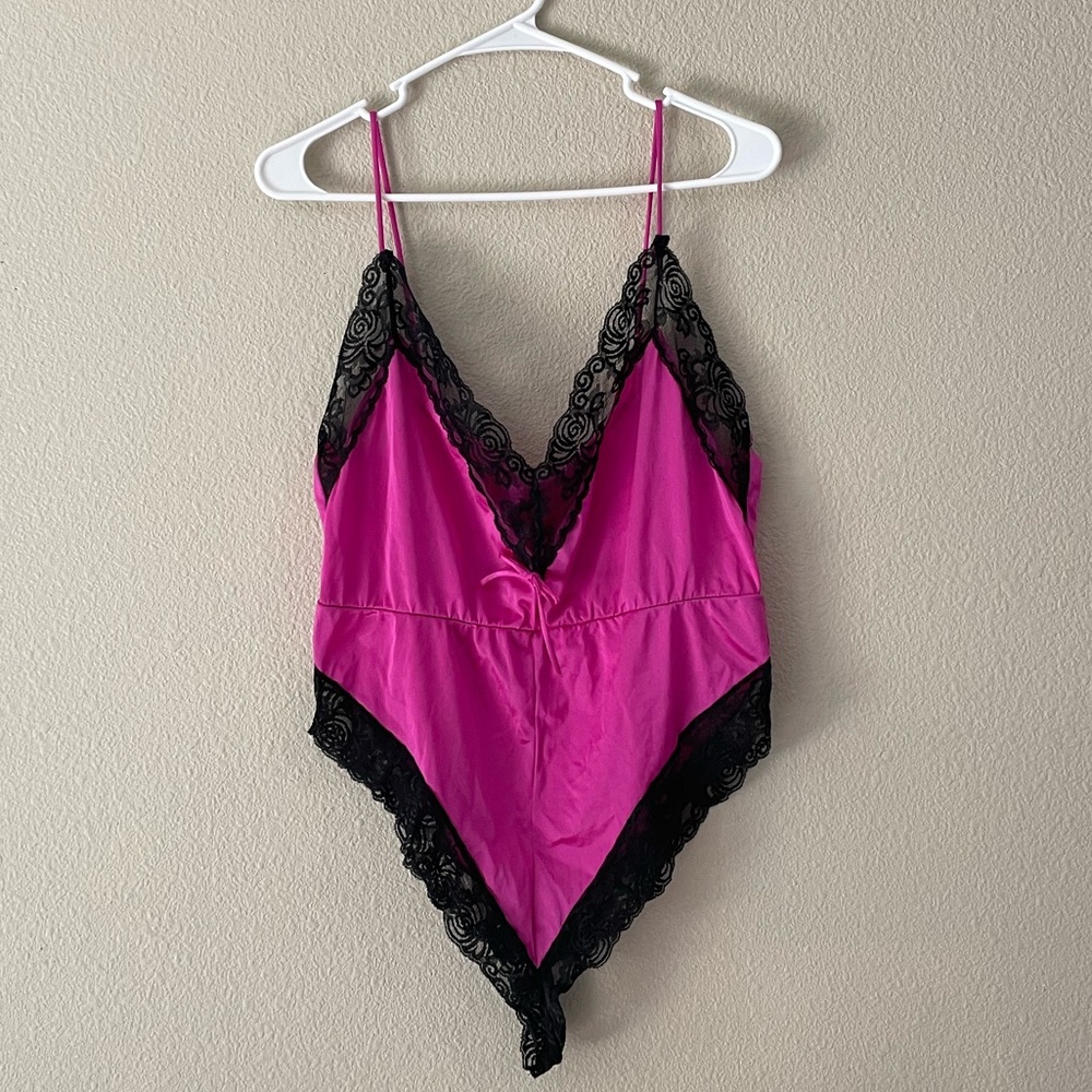 Vintage 80s Pink Nylon Bodysuit with Black Lace-Trim Satin